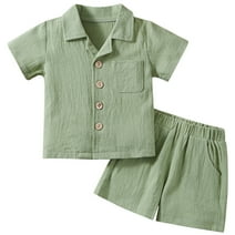 GYRATEDREAM Toddler Boy Shorts Set Boy Cotton Linen Short Sleeve Button Down T-Shirt Tops and Shorts Set Summer Outfit Set for 12-18M Green