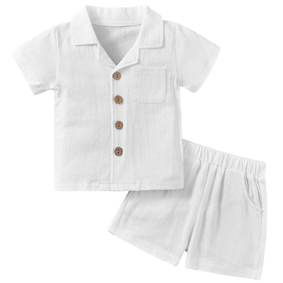 GYRATEDREAM Toddler Boy Shorts Set Boy Cotton Linen Short Sleeve Button Down T-Shirt Tops and Shorts Set Summer Outfit Set for 12-18M White