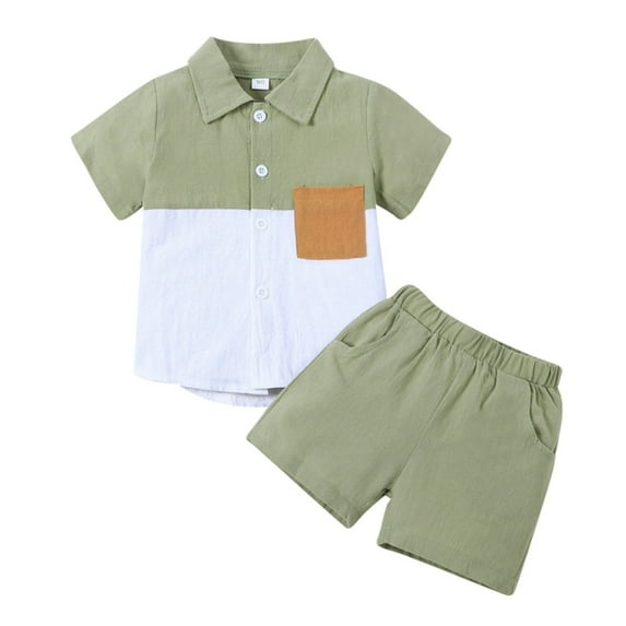 GYRATEDREAM Toddler Boy Summer Outfit Set Cotton Linen Short Sleeve Henley Shirts Top and Shorts Set 2Pcs Summer Clothes Set for 8-9Y Green
