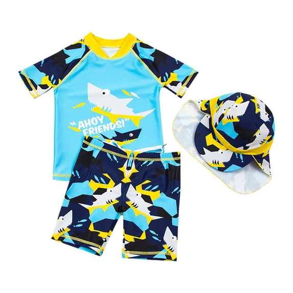 GYRATEDREAM Toddler Boys 3-Piece Swimwear Set Baby Kids Swimsuit with Hat UPF 50+ Rash Guards Short Sleeve Quick Dry Bathing Suit for 18 Months-6 Years
