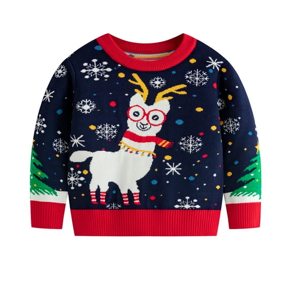 GYRATEDREAM Toddler Boys Girls Christmas Sweater Baby Winter Long Sleeve Warm Holiday Fleece Pullover Kids Xmas Alpaca Print Crewneck Knitted Sweater Sweatshirt for 2-7 Years Navy Blue