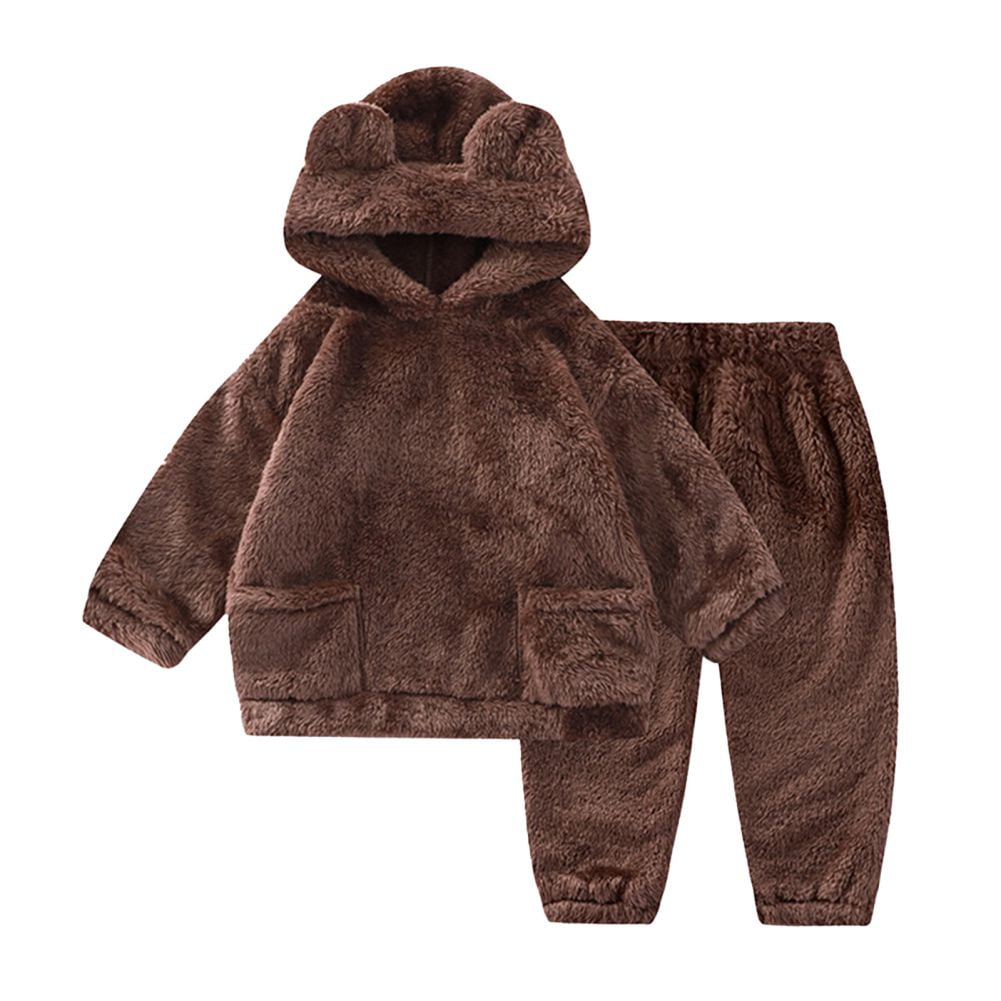 GYRATEDREAM Toddler Girl Boy Fall Winter Clothes Baby Warm Fleece Hooded Bear Ear Sweatshirt Tops and Pants 2Pcs Outfits Kids Fuzzy Sweatsuit with Pocket Dark Brown for 1-7 Years