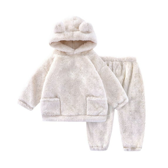 GYRATEDREAM Toddler Girl Boy Fall Winter Clothes Baby Warm Fleece Hooded Bear Ear Sweatshirt Tops and Pants 2Pcs Outfits Kids Fuzzy Sweatsuit with Pocket Milky White for 1-7 Years