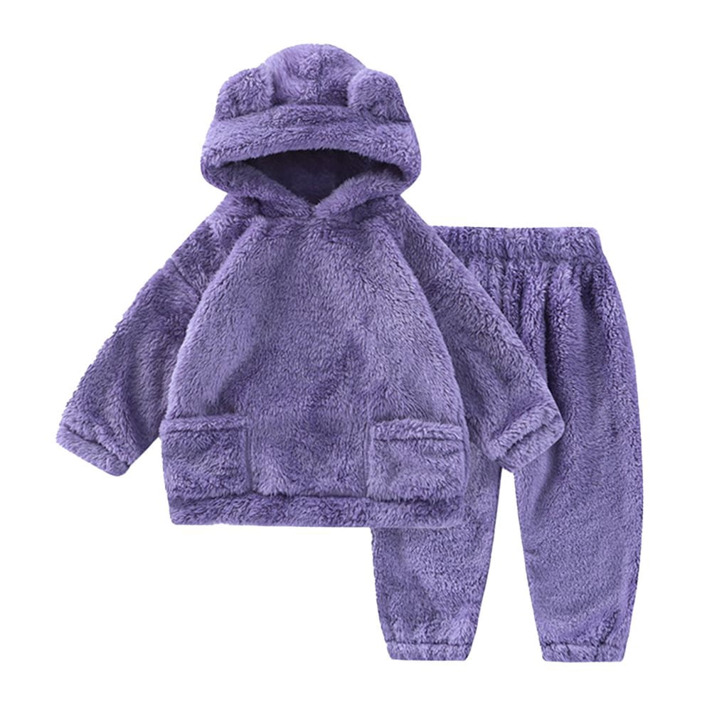 GYRATEDREAM Toddler Girl Boy Fall Winter Clothes Baby Warm Fleece Hooded Bear Ear Sweatshirt Tops and Pants 2Pcs Outfits Kids Fuzzy Sweatsuit with Pocket Purple for 1-7Y