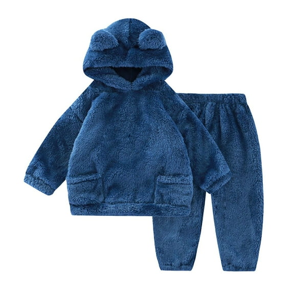 GYRATEDREAM Toddler Girl Boy Fall Winter Clothes Baby Warm Fleece Hooded Bear Ear Sweatshirt Tops and Pants 2Pcs Outfits Kids Fuzzy Sweatsuit with Pocket Royal Blue for 1-7Y