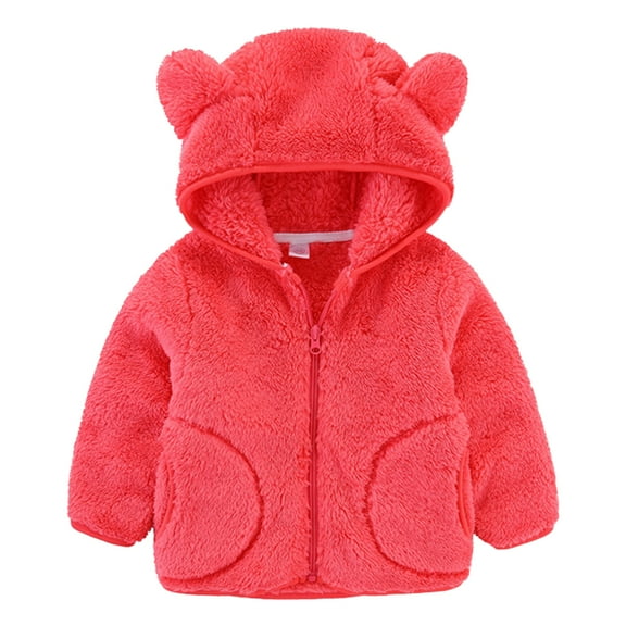 GYRATEDREAM Toddler Girls Boys Hooded Fleece Jacket Baby Bear Ears Zip Up Solid Color Outwear Coat with Pockets Kids Fall Winter Clothes Watermelon Red for 1-7Y