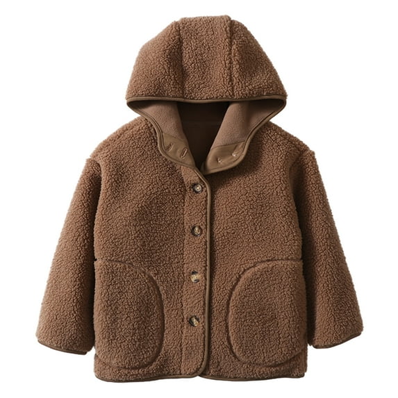 GYRATEDREAM Toddler Girls Boys Hooded Fleece Jacket Baby Button down Solid Color Wool Outwear Coat with Pockets Kids Warm Fall Winter Clothes Dark Brown for 4-12Y