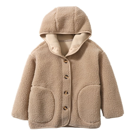 GYRATEDREAM Toddler Girls Boys Hooded Fleece Jacket Baby Button down Solid Color Wool Outwear Coat with Pockets Kids Warm Fall Winter Clothes Khaki for 4-12Y