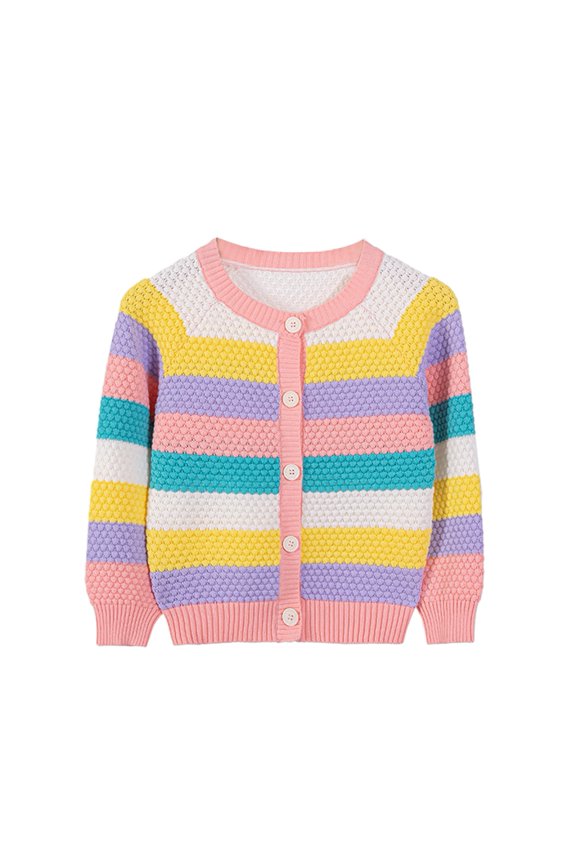 Toddler Girls Cardigan Sweater Kids Uniform Tops Crew Neck Long Sleeve Rainbow Srtipe Sweaters 1-8 Years