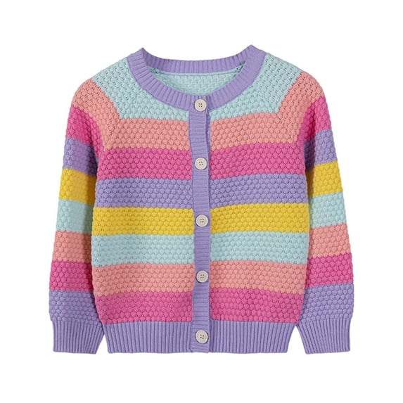 GYRATEDREAM Toddler Girls Cardigan Sweater Kids Uniform Tops Crew Neck Long Sleeve Rainbow Srtipe Sweaters 1-8 Years