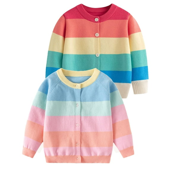 GYRATEDREAM Toddler Girls Cardigan Sweater Kids Uniform Tops Crew Neck Long Sleeve Rainbow Srtipe Sweaters 3-7 Years