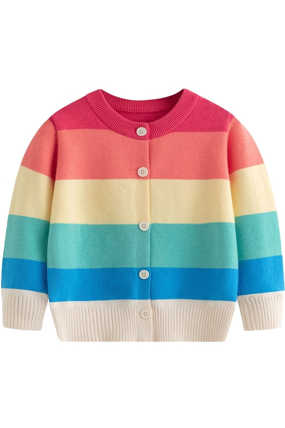 Toddler Girls Cardigan Sweater Kids Uniform Tops Crew Neck Long Sleeve Rainbow Srtipe Sweaters 3-7 Years