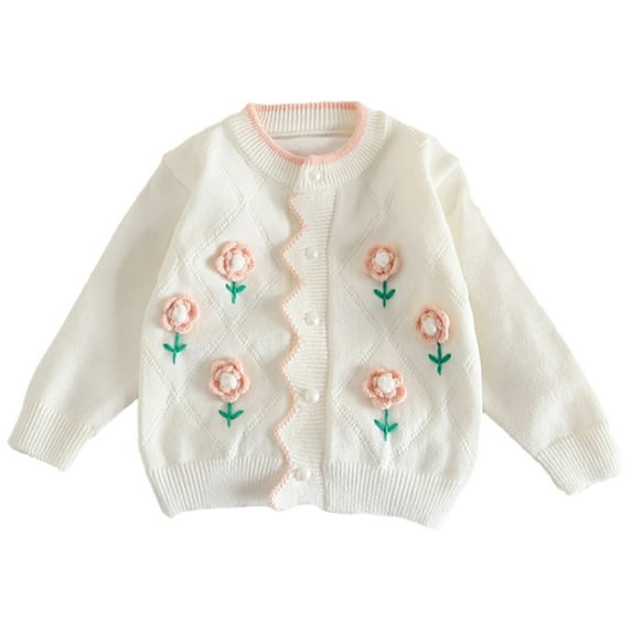 GYRATEDREAM Toddler Girls Crewneck Cardigan Long Sleeve Children Button Cotton Sweater Uniform Sweaters for 4-5Y White