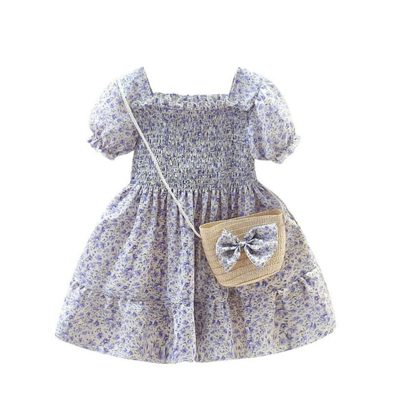 GYRATEDREAM Toddler Girls Dress Kids Square Neck Smocked Ruffle Casual Dress Home Party Play Wear