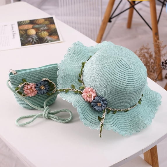 GYRATEDREAM Toddler Girls Straw Hats Wide Brim Hat Sun Beach Hats with Shoulder Bag Beach Bag Cute Flower Summer Beach Cap