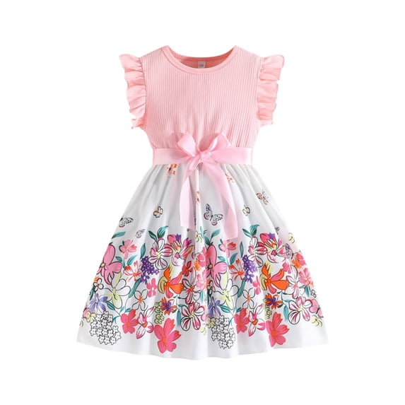 GYRATEDREAM Toddler Girls Summer Dress Kids Floral Front Bow Flying Sleeve Flowy Sundress Pleated Birthday Party Sundress Dresses for 11-12Y Pink