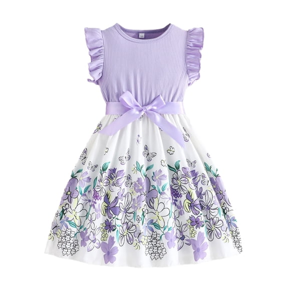 GYRATEDREAM Toddler Girls Summer Dress Kids Floral Front Bow Flying Sleeve Flowy Sundress Pleated Birthday Party Sundress Dresses for 7-8Y Purple