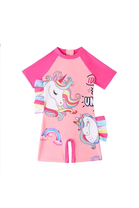 Toddler Girl Rash Guard Swimsuit One Piece Zipper Swimwear Sun Protection Beachwear Zipper Short Sleeve Bathing Suit 4-8 Years