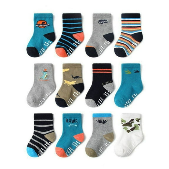 GYRATEDREAM Toddler Non Slip Grip Ankle Socks with Non Skid Soles 12 Pairs for Infants Toddlers Kids Boys Girls Cute Cotton Baby Socks for 5-7Y