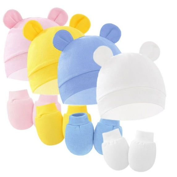GYRATEDREAM Unisex Newborn Baby Girls Boys Hats Mittens Set Bear Ears Hat Beanie Infant Bow Hats Baby Cotton Gloves No Scratch Mittens
