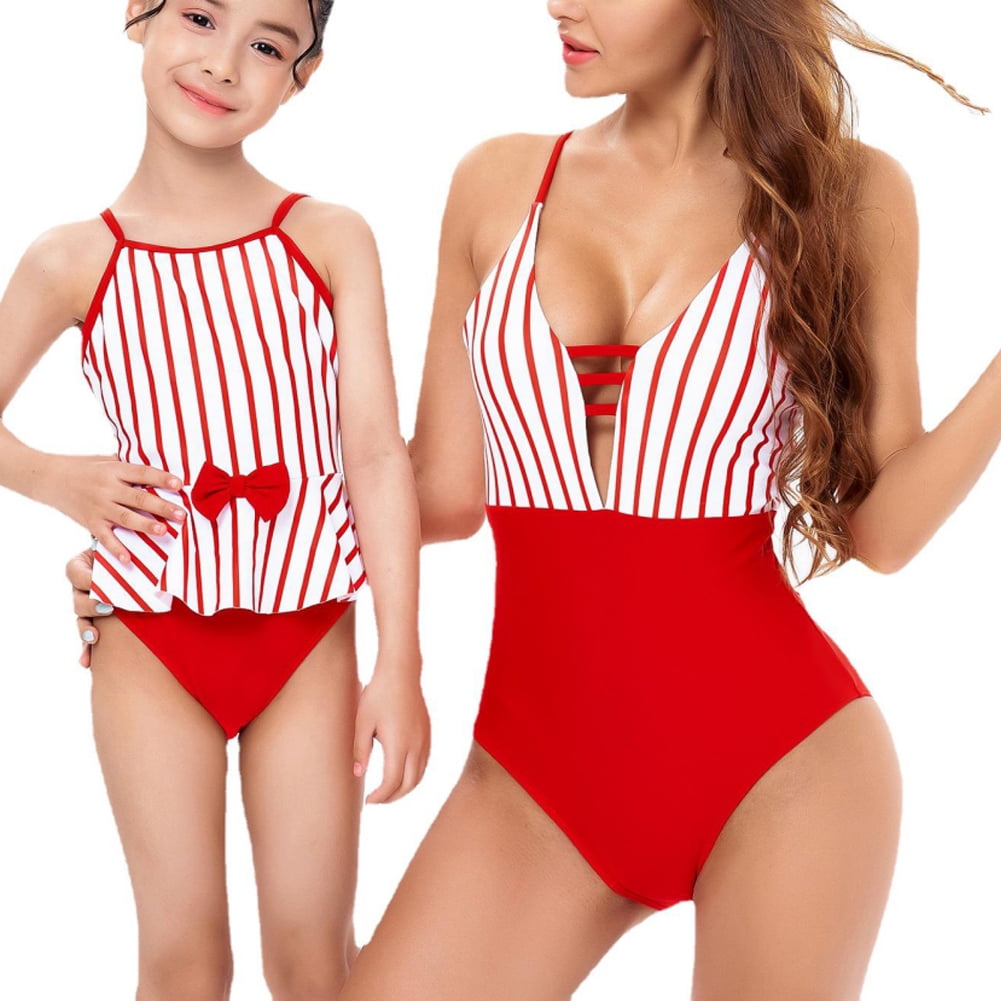 GYRATEDREAM Women Girls Spaghetti Strap Bathing Suit Family Matching Mom  Daughter One Pieces Swimsuits/Red Stripe 