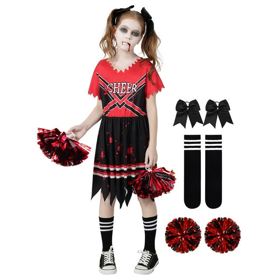 GYRATEDREAM Zombie Halloween Cheerleader Costume, Girls Scary Cheerless Costume, Kids Dead Cheerleading Outfit for Halloween Role Play Themed Parties 6-12T