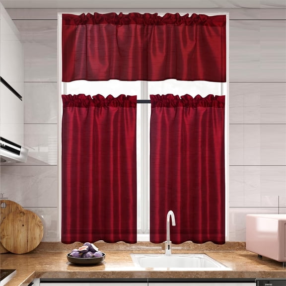 GYROHOME 3 Pieces Red Rod Pocket Faux Silk Sheer Curtains Solid Color Set with 2 Tiers 26x36 inch Each and 1 Valance 52x14 inch for Kitchen Bathroom