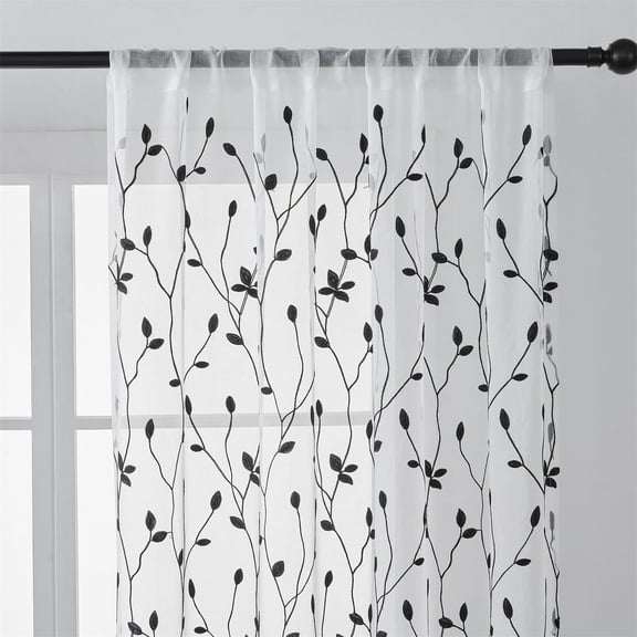 GYROHOME Black Leaf Pattern Embroidered Sheer Curtains, Semi Voile Rod Pocket,52x84x2