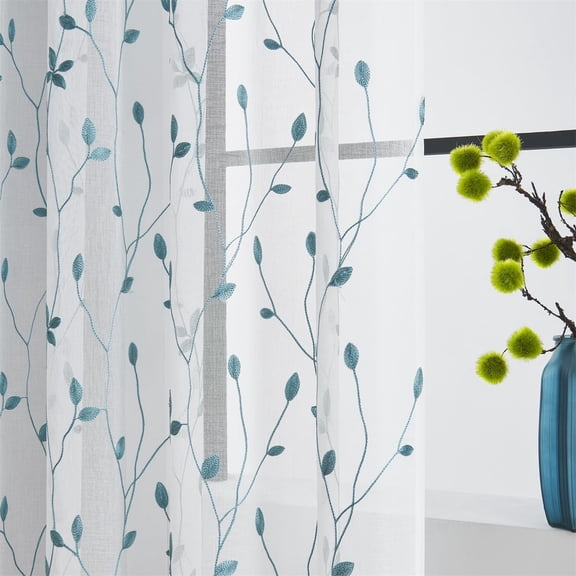 GYROHOME Blue Leaf Pattern Embroidered Sheer Curtains, Semi Voile Rod Pocket,52x96x2