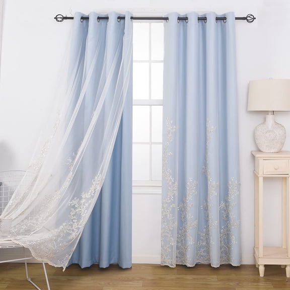 GYROHOME Double Layered Curtains with Embroidered White Sheer Tulle Room Darkening Grommet Top 2Panels,52x96inch,Sky Blue