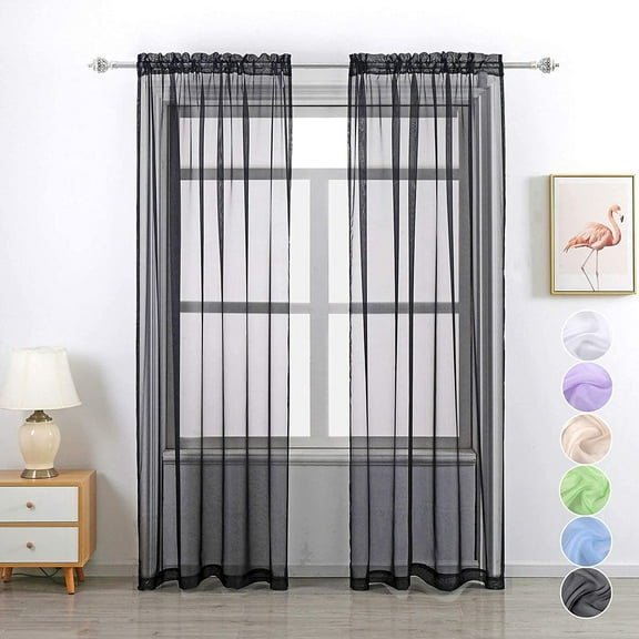 GYROHOME Sunlight Filtering Rod Pocket Sheer Voile Curtain Living Room Bedroom 2 Panels,Black,52x84inch