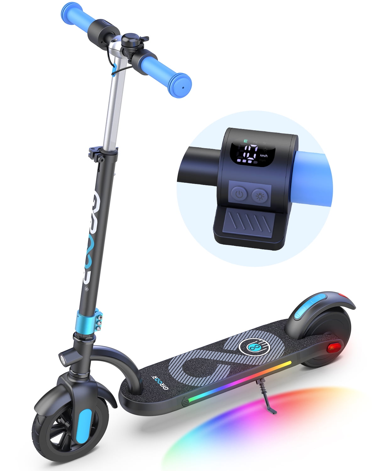 GYROOR Kids Electric Scooter, with 180W Motor & LED Visible Display, Colorful Lights, Adjustable Speed and Height, 10 Mph & 10 Miles Range Electric Scooter, Electric Scooter for Kids Ages 8-12