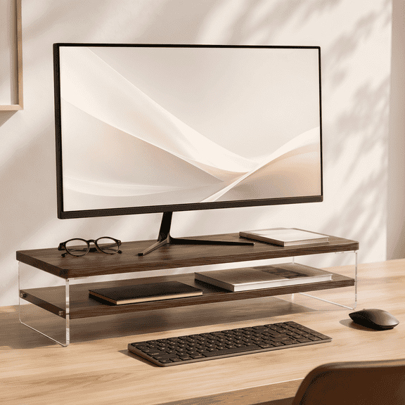 GYSIBAPO 2-Tier Acrylic Monitor Riser, Ergonomic Computer Stand with MDF Shelves, 50 lbs Capacity for Home Office Vanity, Walnut