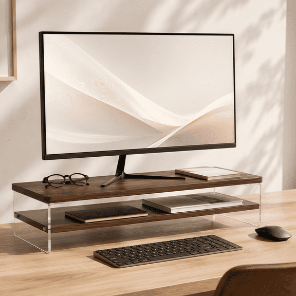 GYSIBAPO 2-Tier Acrylic Monitor Riser, Ergonomic Computer Stand with MDF Shelves, 50 lbs Capacity for Home Office Vanity, Walnut