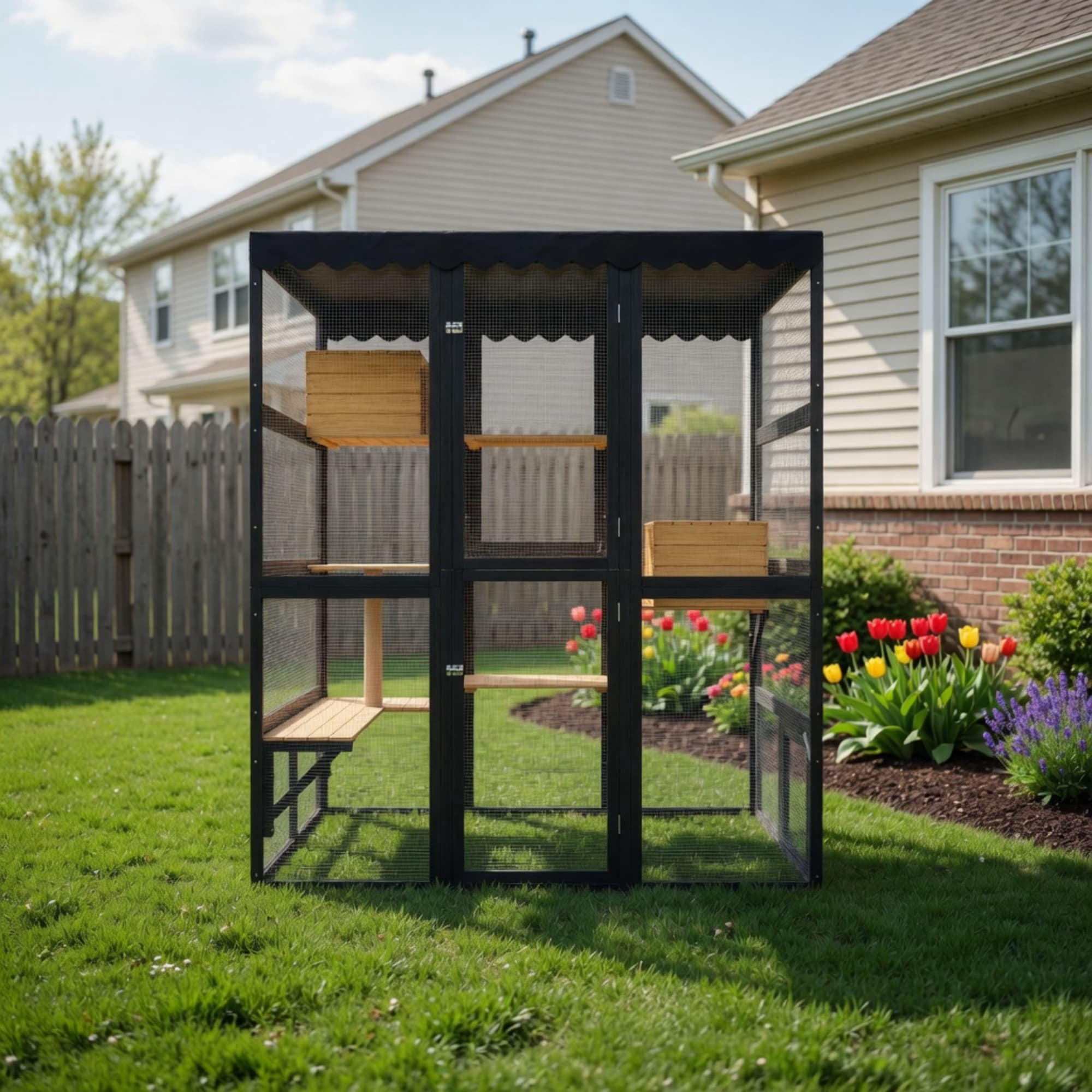 GYSIBAPO Large Wooden Catio Outdoor Cat Enclosure, Walk-in Cat House with 2 Condos, 5 Platforms, 4 Doors & Weatherproof Roof