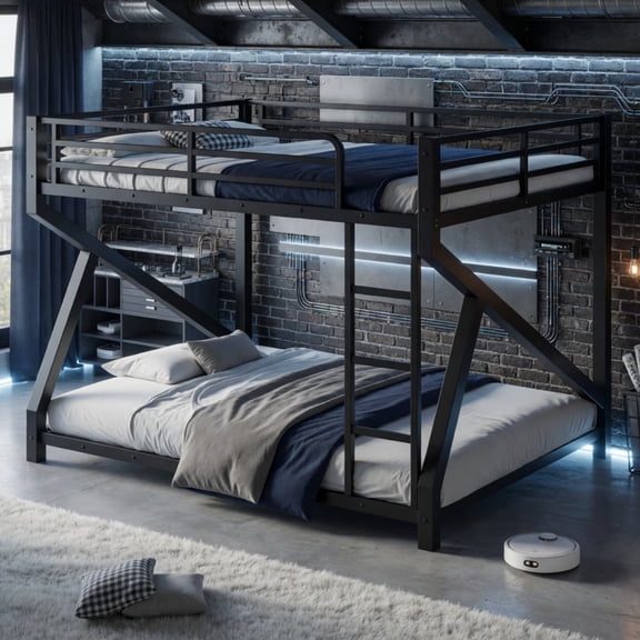 GYSIBAPO Queen over Queen Bunk Bed with Ladder, Metal Low Profile Bunk Bed with Upgraded Support Slats, Space-Saving for Shared Bedrooms, Black