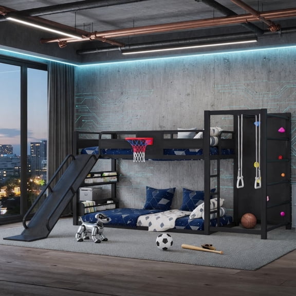 GYSIBAPO Twin XL Metal Loft Bed with Basketball Hoop, Pull-Up Rings, Climbing Wall, Slide & Built-In Bookshelves  Playful Design, Black