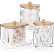 GYTF 3 Pack Qtips Dispenser Bathroom Container, 10/12 oz Cotton Ball Holder, Apothecary Jar Organizer for Storage Cotton Swab, Cotton Round Pads, Floss Picks - Beige Bamboo Lids