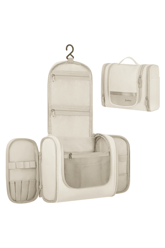 Makeup Bag for Women with Hanging Hook - Portable Cosmetic Case, Large Capacity Door Room Essentials Travel Organizer for Full Sized Cosmetics and Toiletries, Beige