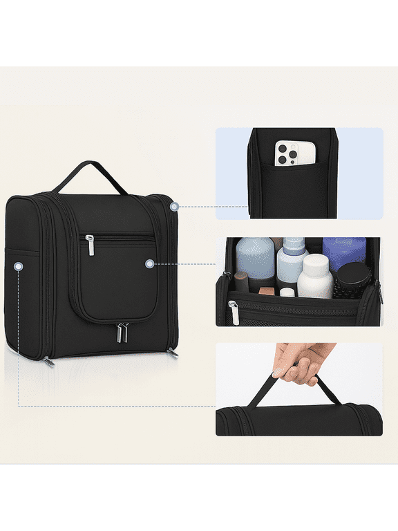 Travel Toiletry Bag for Women and Men,Water-resistant Travel Makeup Bag with Hanging Hook,Shower Bag for Essentials,Shampoo & Toiletries,Dopp Kit Shaving Bag,Black