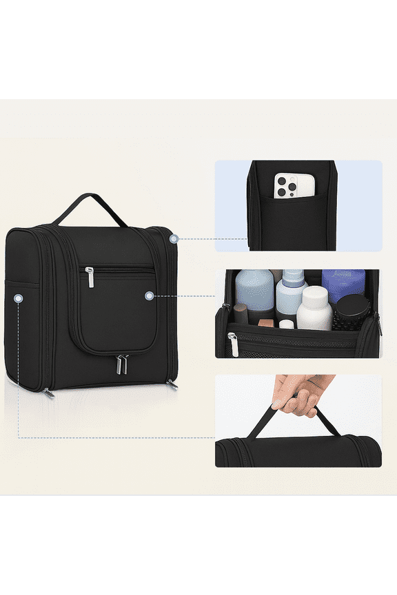 Travel Toiletry Bag for Women and Men,Water-resistant Travel Makeup Bag with Hanging Hook,Shower Bag for Essentials,Shampoo & ToiletriesDopp Kit Shaving Bag,Black