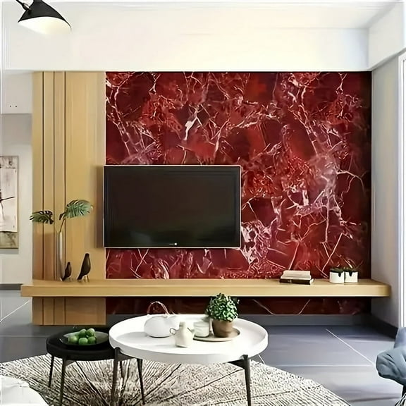 GYTY 1 Roll Red Marble Pattern Vinyl Wallpaper, Self-Adhesive Thick Waterproof Oil-Resistant Wall Covering for Kitchen, Bedroom, Dining Room, Bathroom, Cabinet & Furniture Renovation