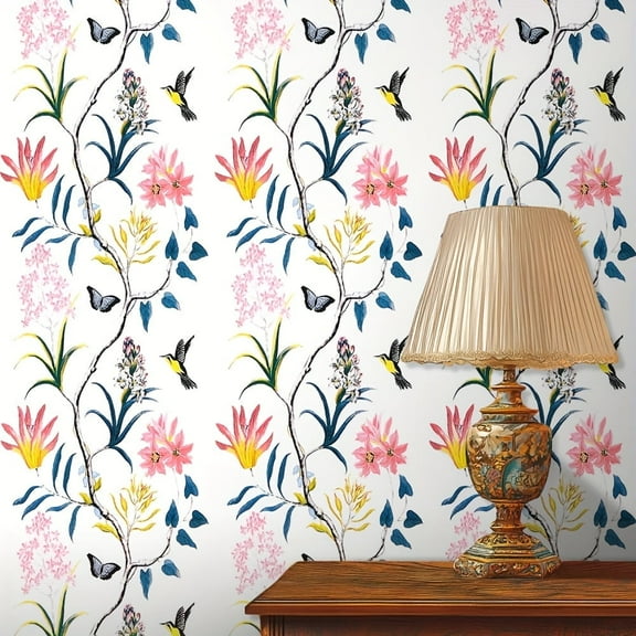 GYTY 1 Roll Retro Floral and Bird Watercolor Peel and Stick Wallpaper, Self-Adhesive Detachable Contact Paper for Home Decor, Kitchen Renovation, Straight Match Wall Stickers