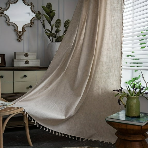 GYTY 1pc Boho Solid Color Curtain With Bamboo Flaxen Texture, Simple Tassel Translucent Curtain, Bedroom Living Room Bay Window Decor, 3in Rod Bag, Quickly Install