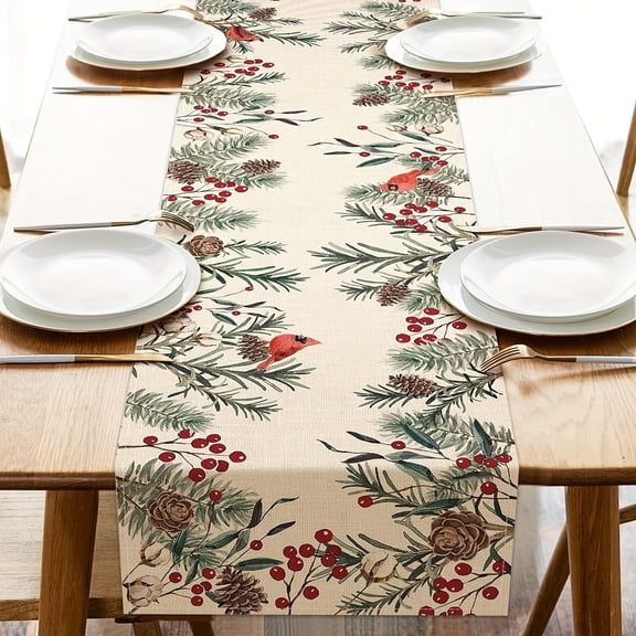 GYTY 1pc, Table Runner, Winter Theme Pine Needle Branches Printed Table Runner, Pine Cone Cardinal Red Birds Berry Farmhouse Kitchen Dining Table Decor, Christmas Holiday Home Decoration