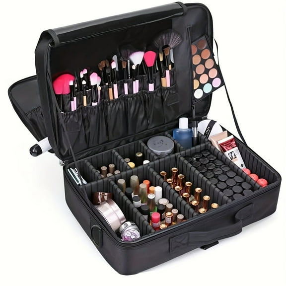 GYTY 3-Tier Waterproof Makeup Train Case - Large Capacity Cosmetic Organizer Bag for Women, Nylon Travel Makeup Storage with Multiple Compartments, Black Professional Use