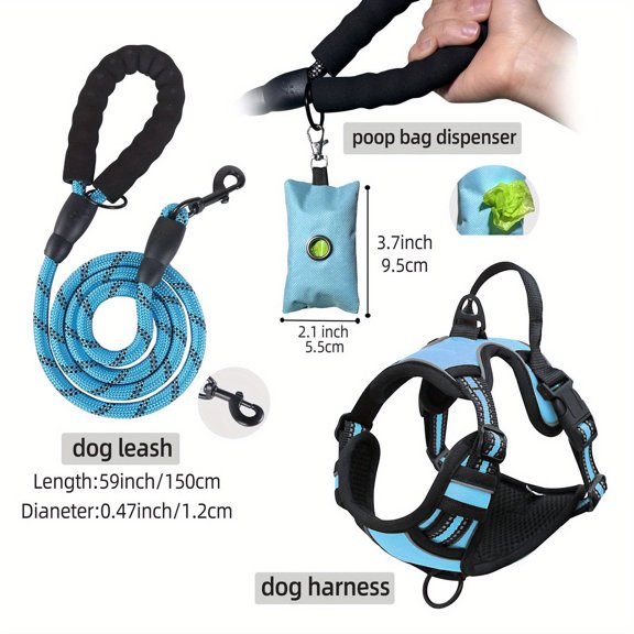 GYTY 3pcs Ultimate Comfort Dog Harness Set - Adjustable, Soft, Escape-Proof Design with Leash, Poop Bag Dispenser, and Reflective Straps for Safe Walking and Training of Medium to Large Breed Dogs