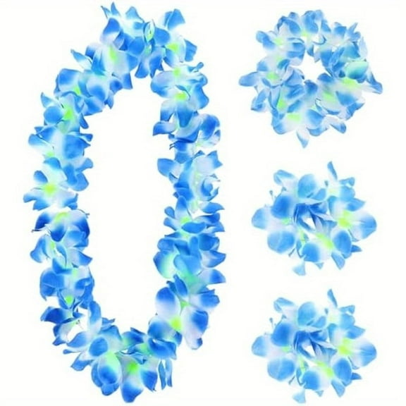 GYTY 4pcs Colorful Hawaiian Leis Graduation Flower Leis Accessories Artificial Hawaiian Flower Necklace Headband Hand Garlands Leis Set for Graduation Party Dance Party Costumes Accessories Blue