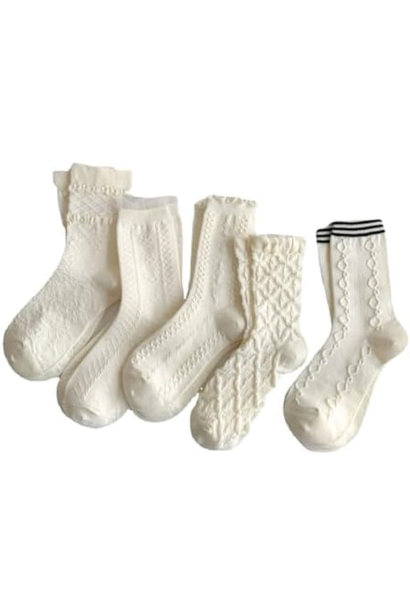 5 Pair Beige Cute Socks Cottagecore Floral Lace Ruffle Women Socks Japanese Kawaii Cable Knit Socks Frilly Ankle Socks