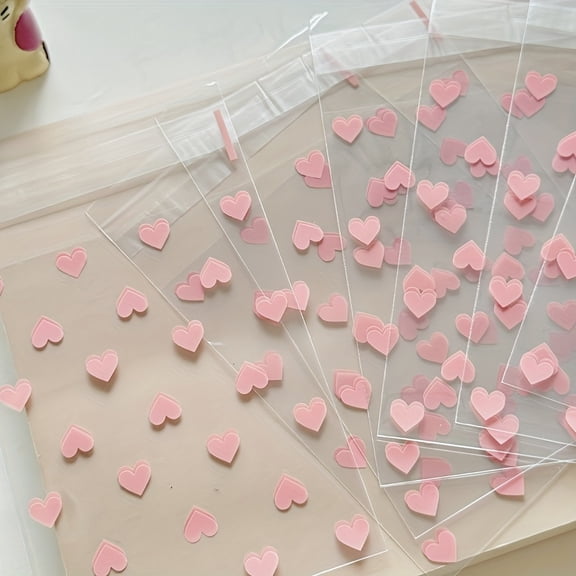 GYTY 50-Pack Self-Adhesive Plastic Bags with Heart Pattern, Stain Resistant, Disposable, Multipurpose Gift Packaging Material